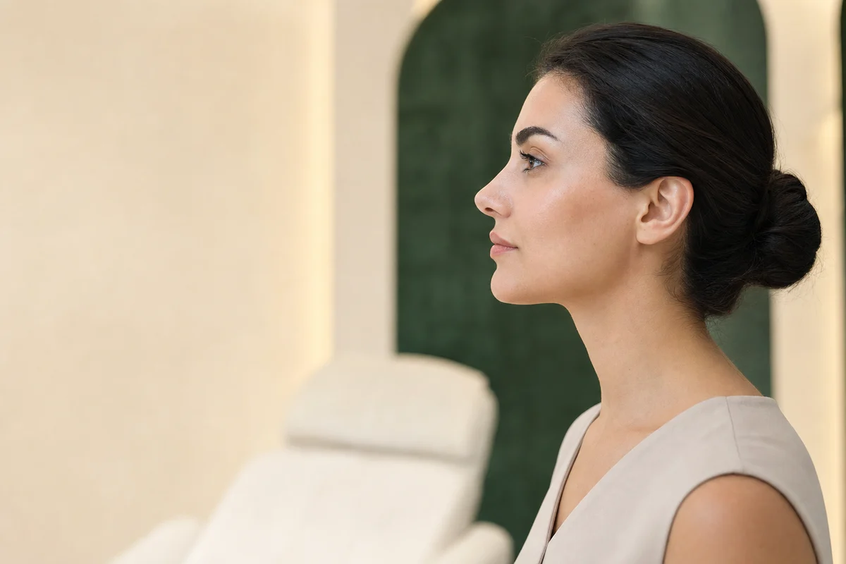 Burun, dudak, çene ucu ve jawline uyumunu gösteren doğal kadın profili