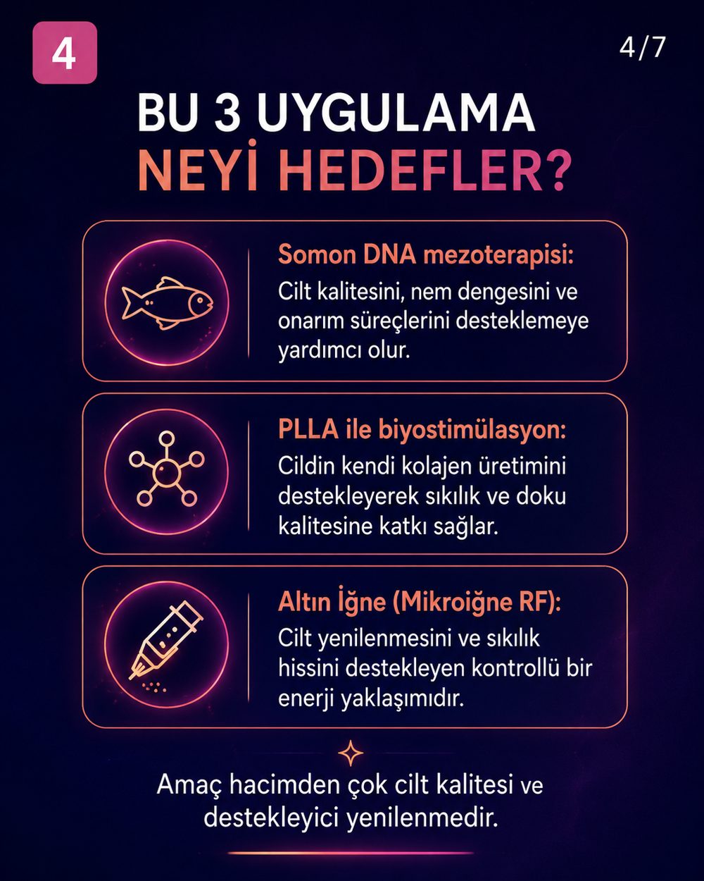 Somon DNA mezoterapisi, PLLA ile biyostimülasyon ve Altın İğne uygulamalarının hedefleri